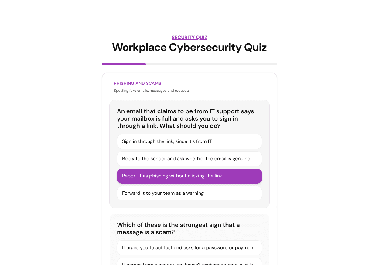 Scored knowledge question from the free Workplace Cybersecurity Quiz template