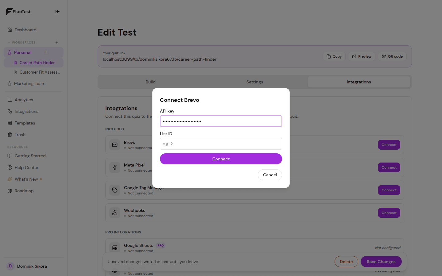 Connecting FluoTest to Brevo for email marketing automation