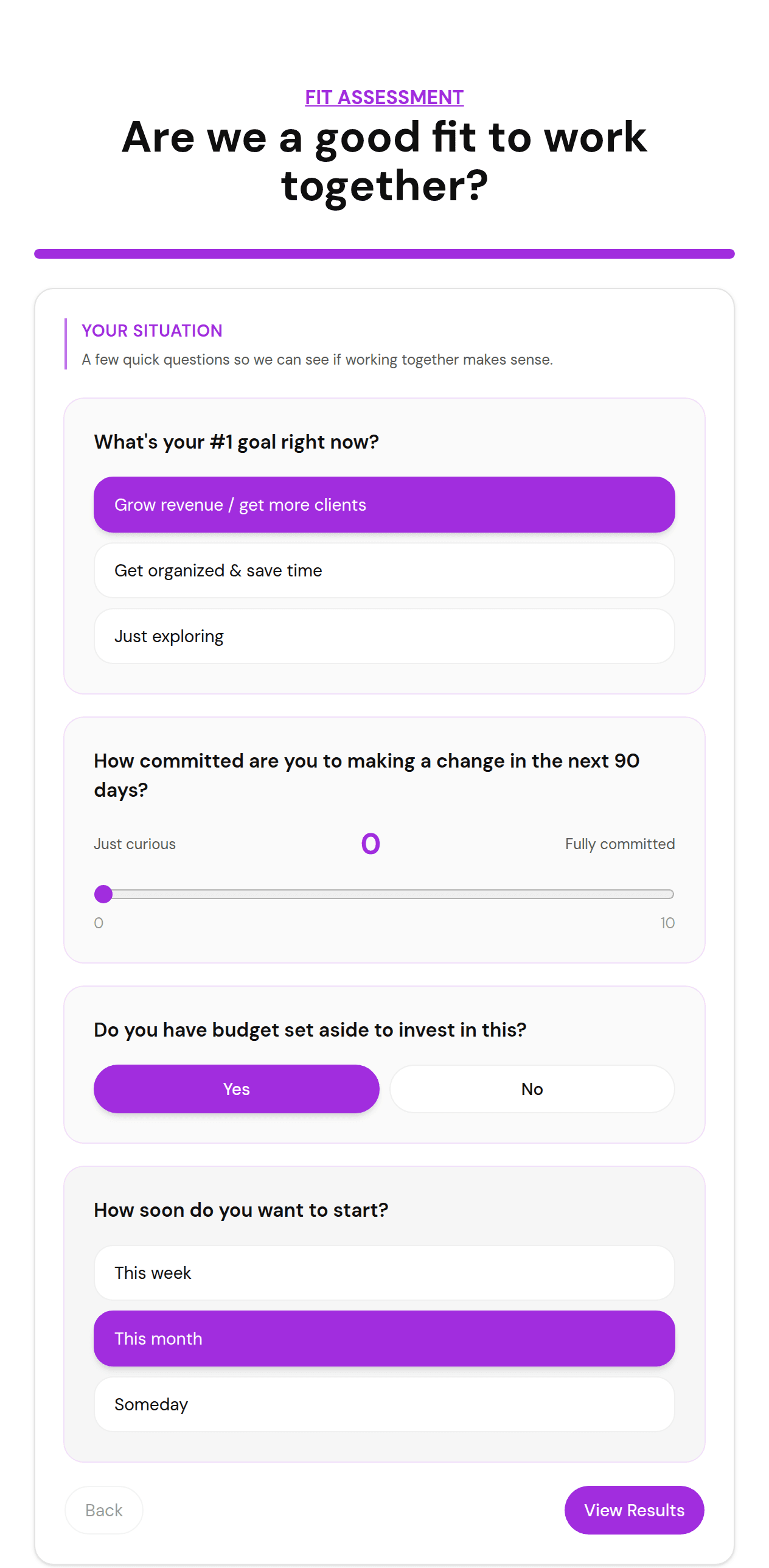 Live coaching fit quiz built in FluoTest, showing goal, commitment, budget, and timeline questions