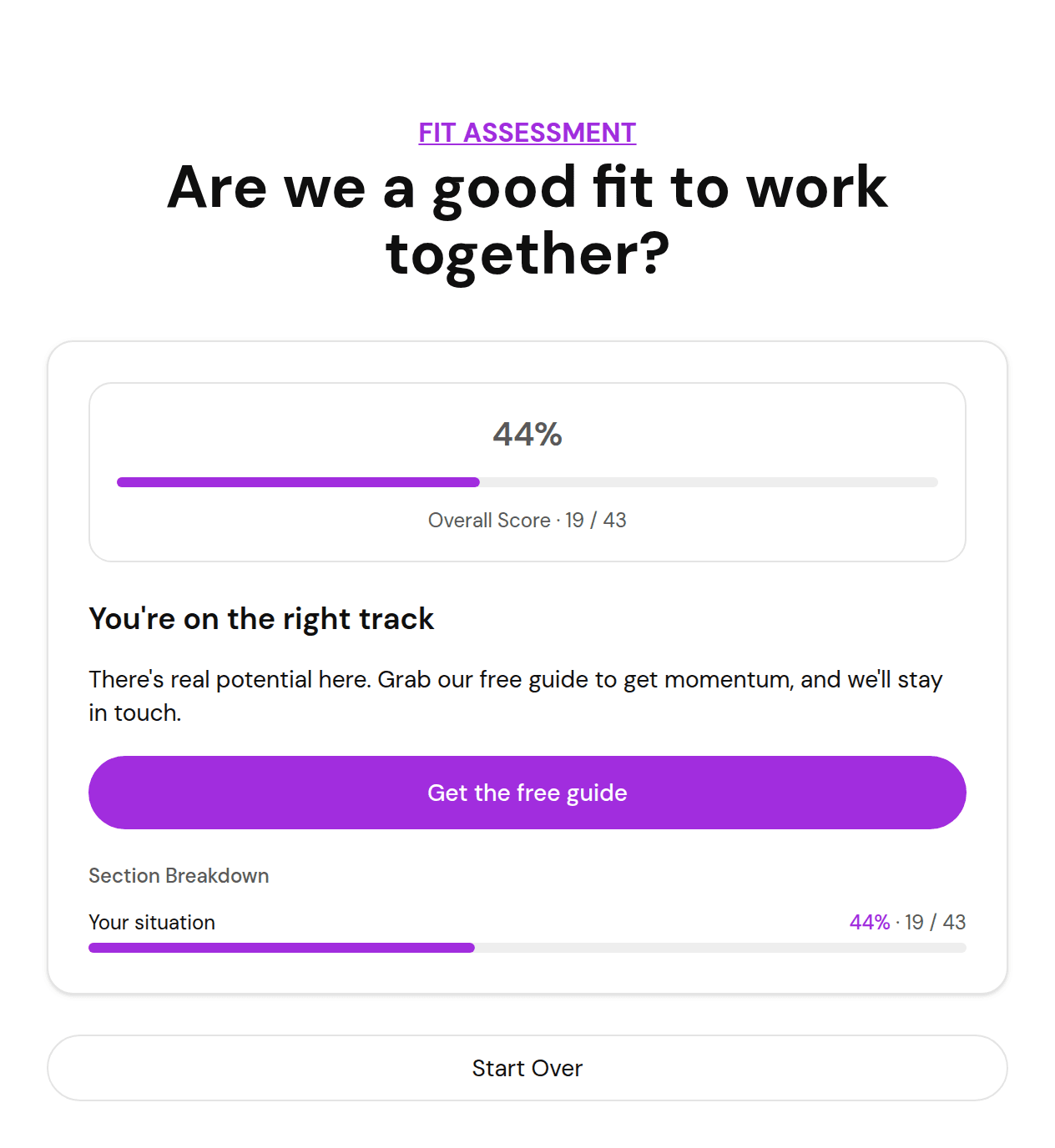 Scored outcome screen showing a fit score and an automated next step for the prospect