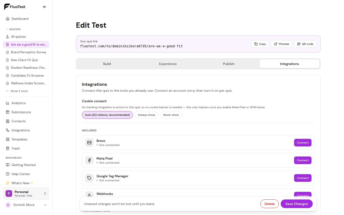 Cookie consent options at the top of the Integrations tab