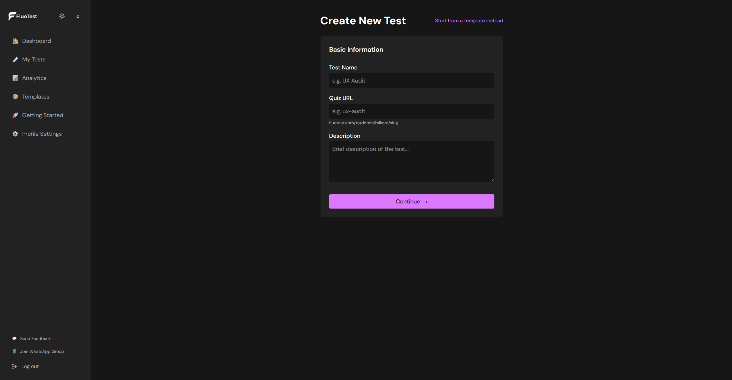 Create quiz modal with name input