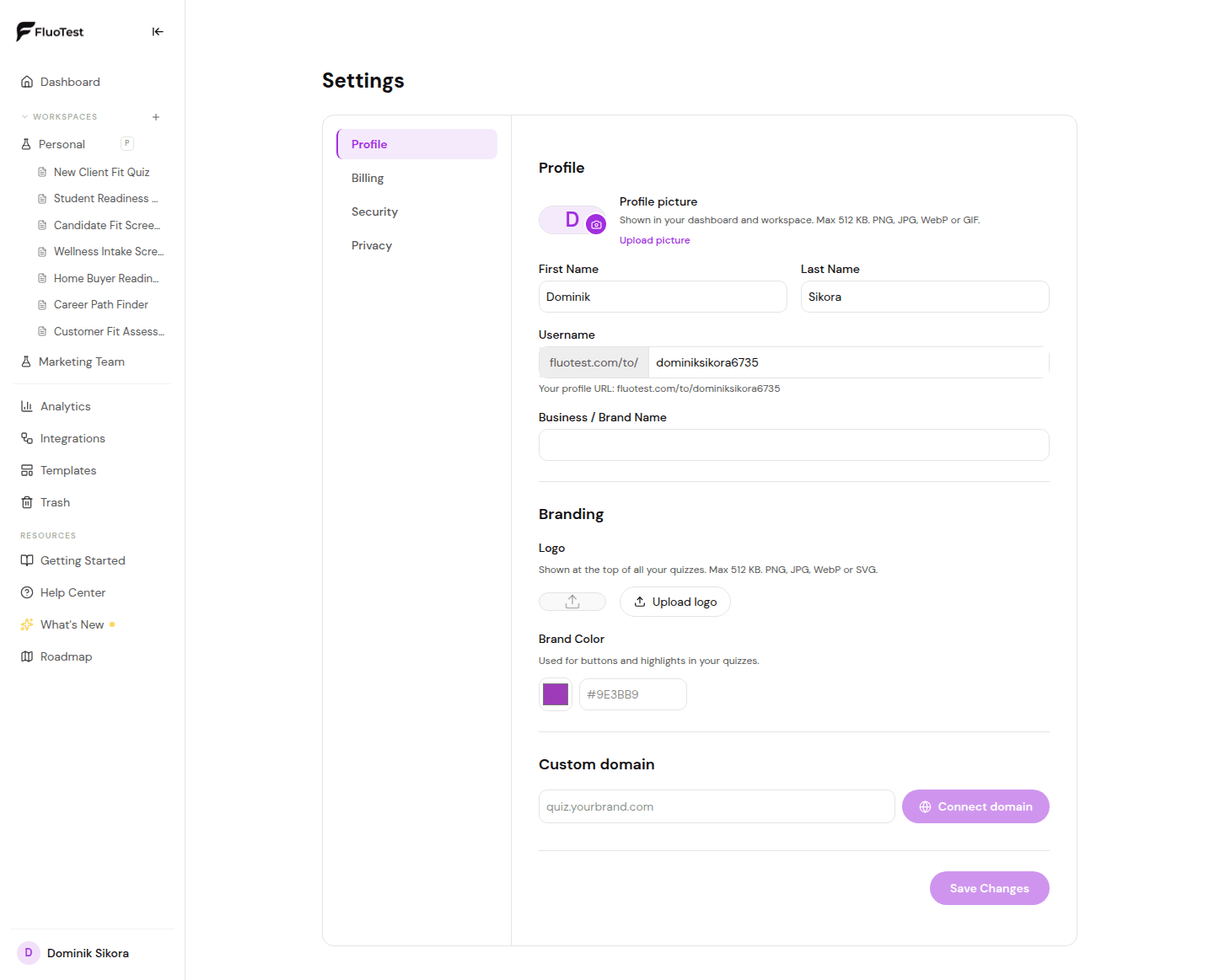 Custom domain field in profile settings