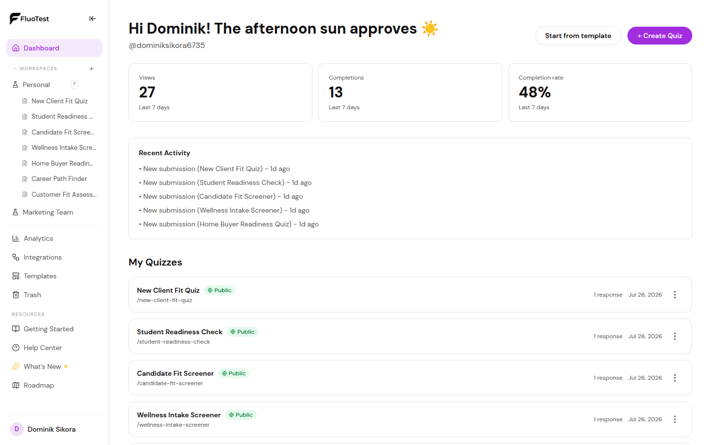 FluoTest dashboard home overview