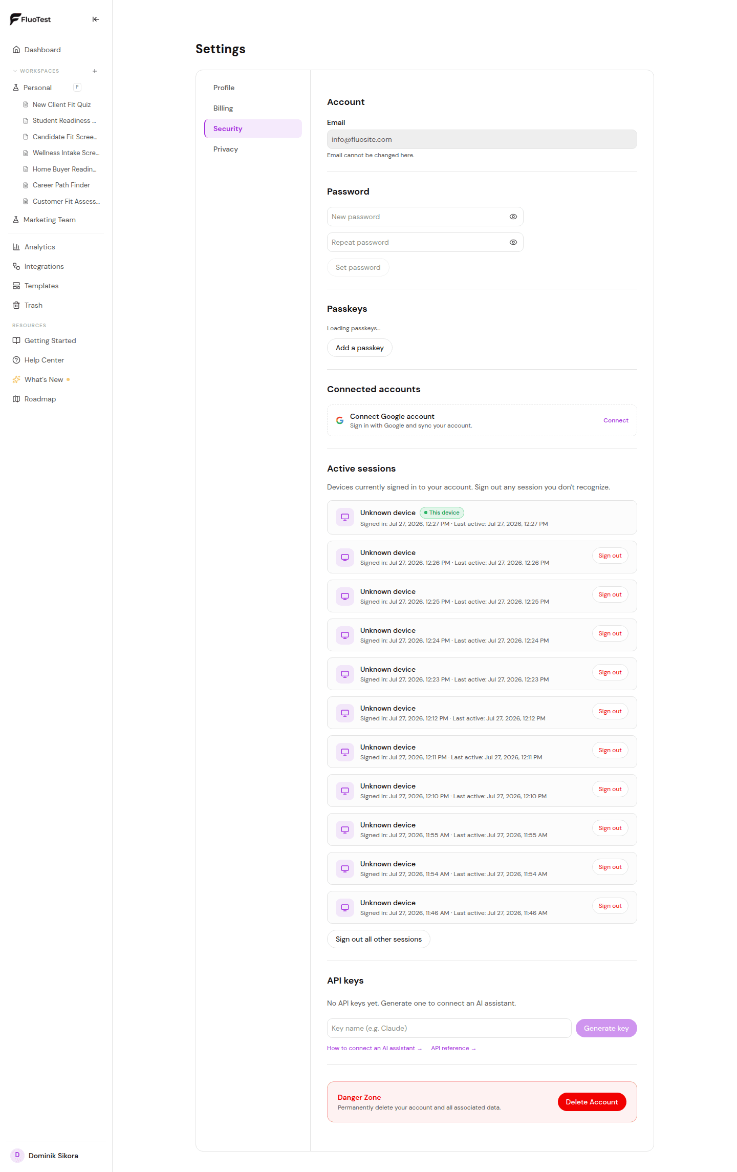 Active sessions list in the Security tab