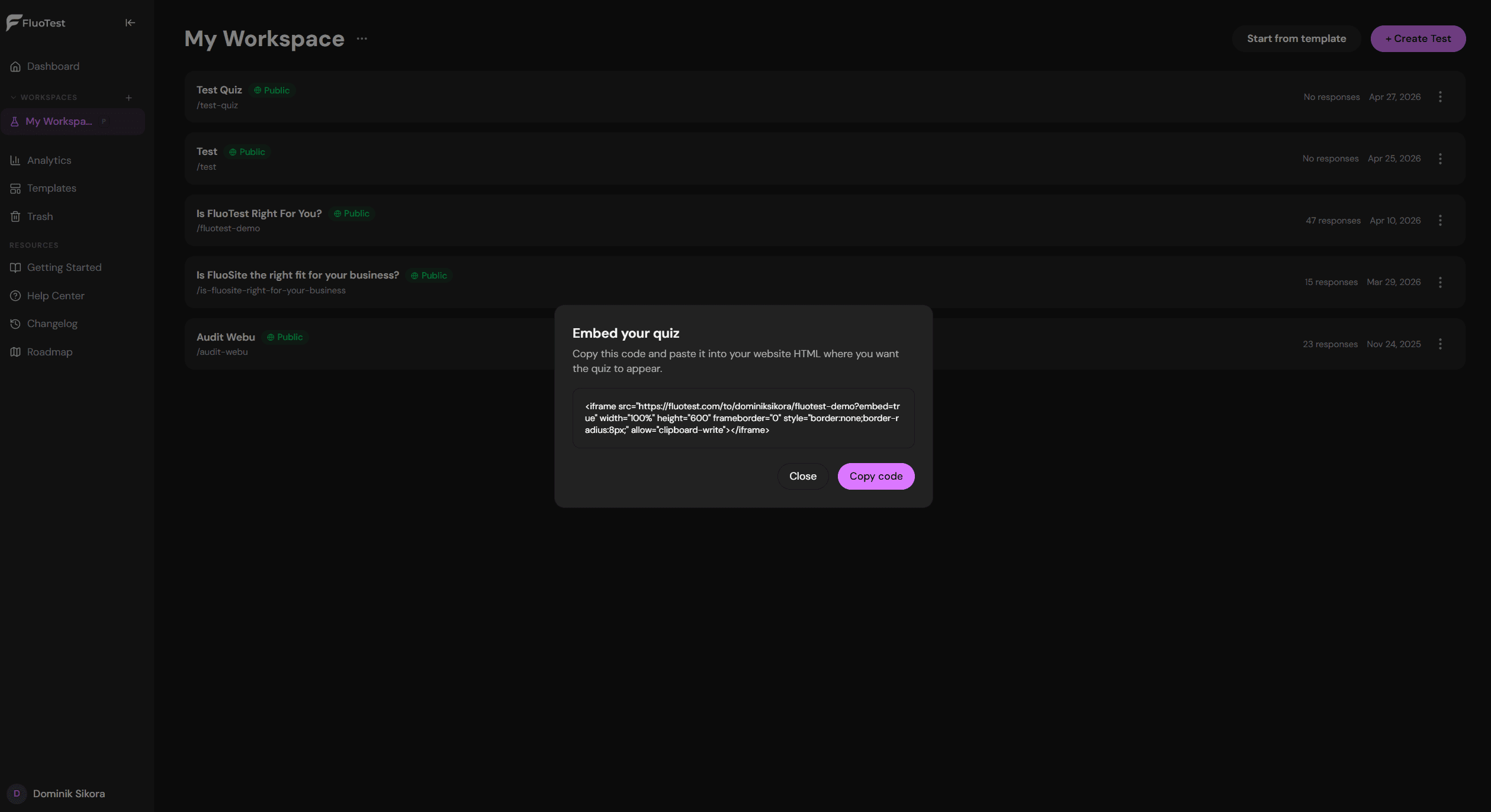 FluoTest embed quiz popup showing the embed code panel