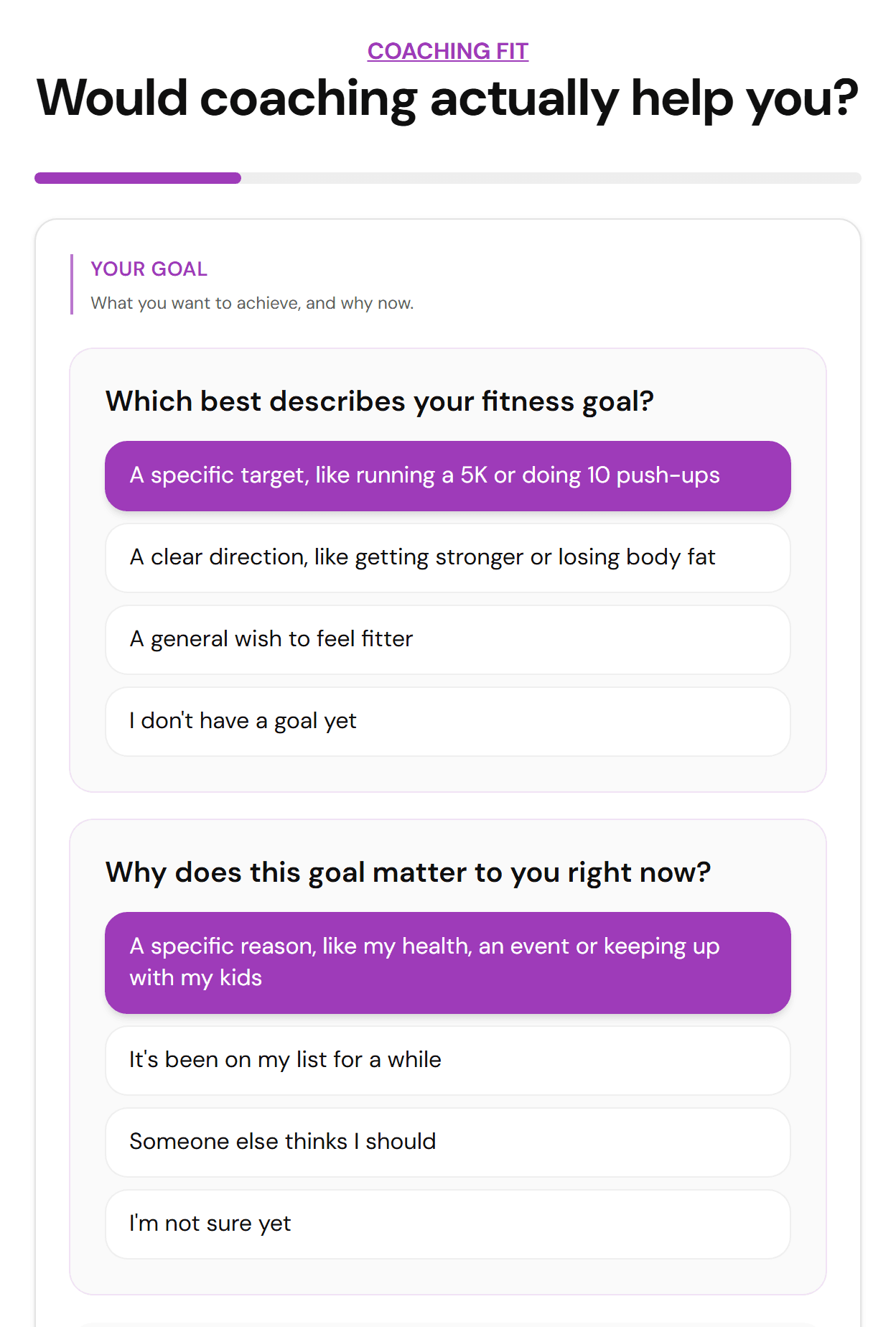 The fitness coaching fit quiz in FluoTest: the Your goal section, with a specific target like running a 5K picked as the fitness goal and a specific reason picked for why it matters now