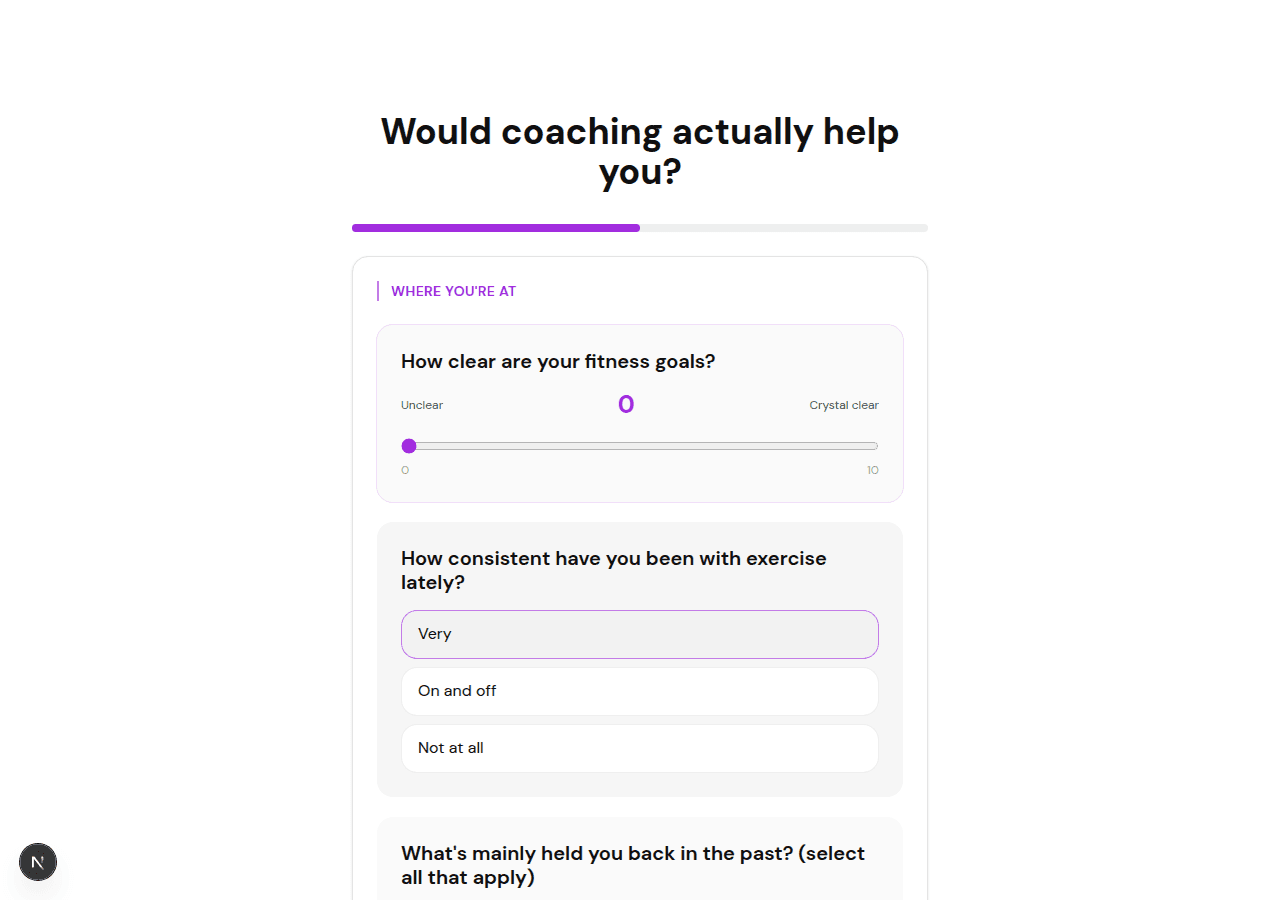 Live fitness coaching fit quiz built in FluoTest, showing goal clarity and consistency questions