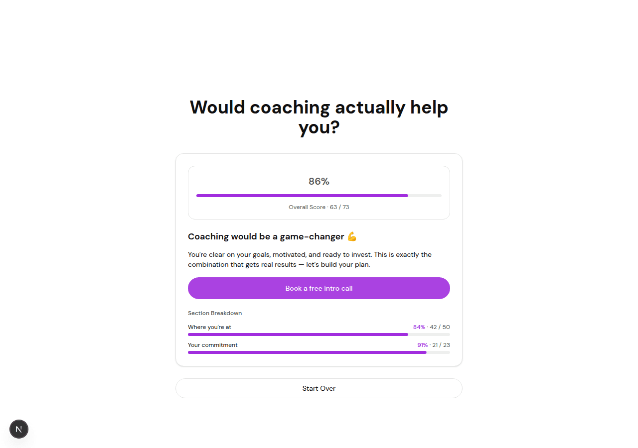 Scored outcome screen showing an 86% fit score and an automated booking link for the prospect