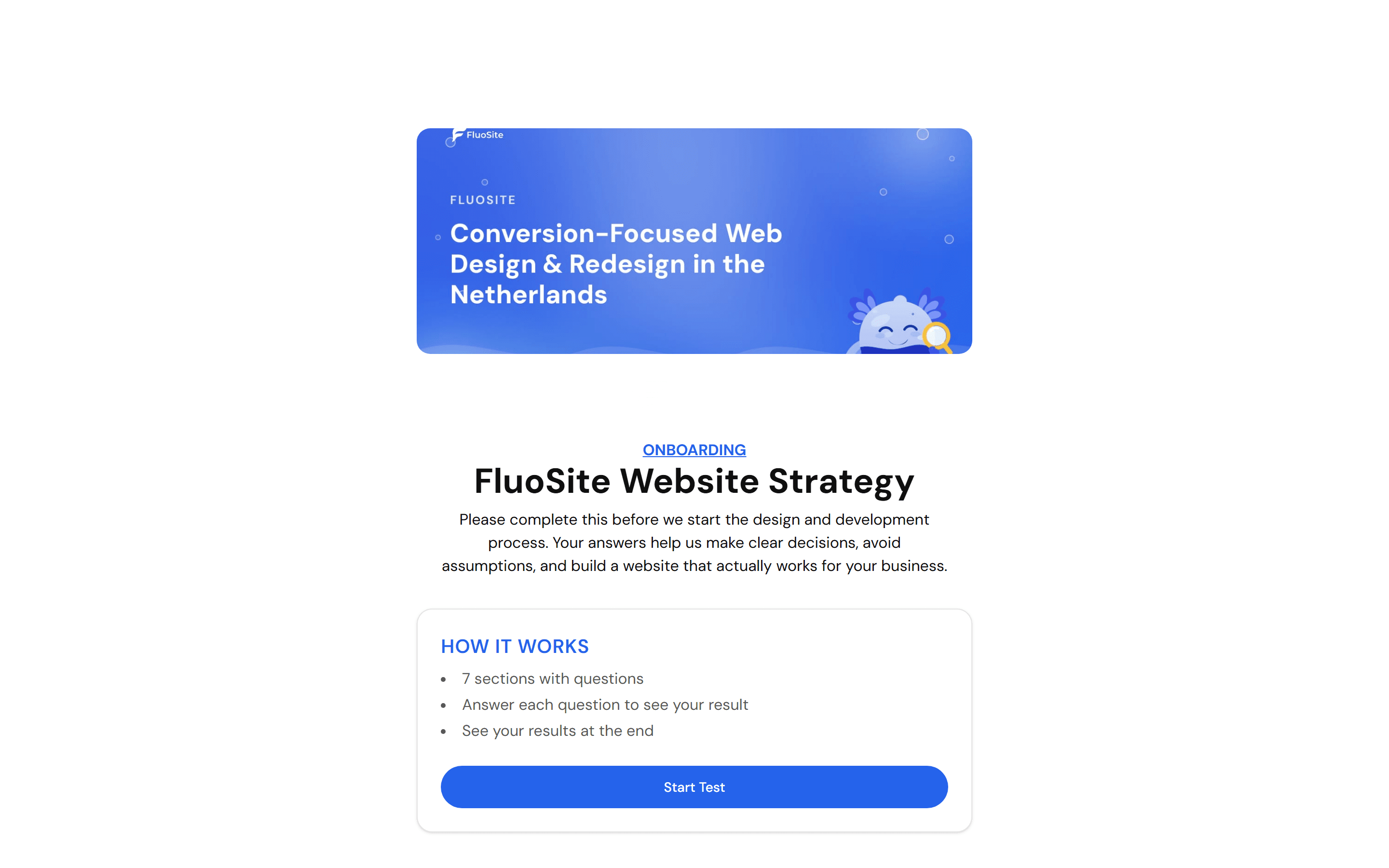 De onboardingquiz FluoSite Website Strategy, gebouwd met FluoTest