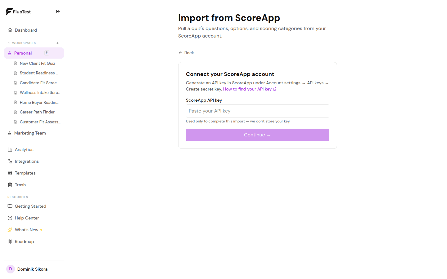 ScoreApp import screen with the API key field