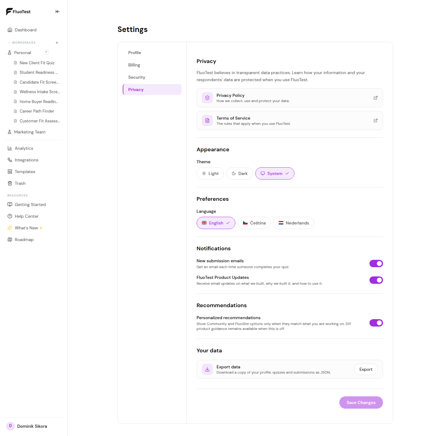 Privacy tab in account settings