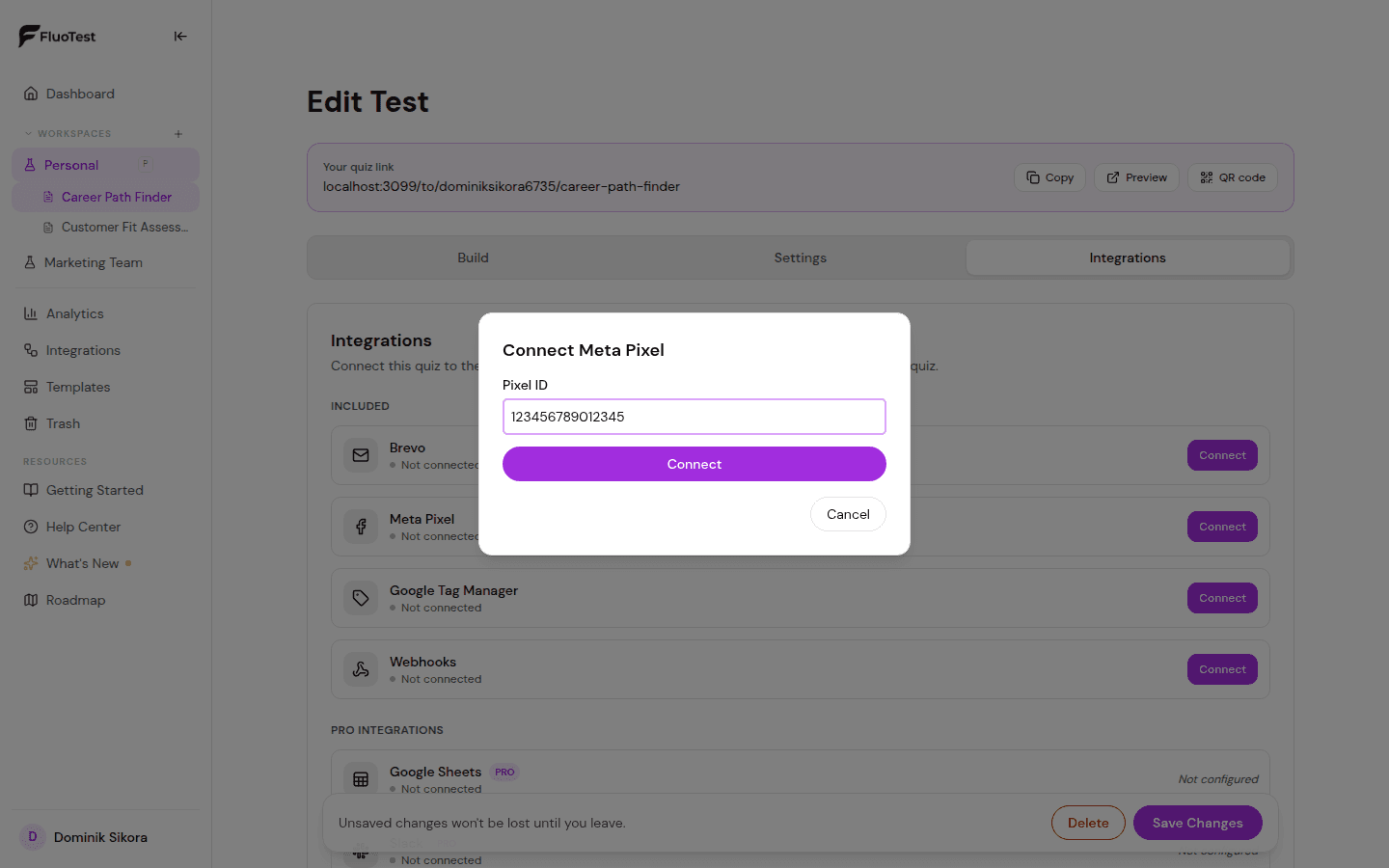 Meta Pixel ID input in FluoTest's Connect Meta Pixel panel