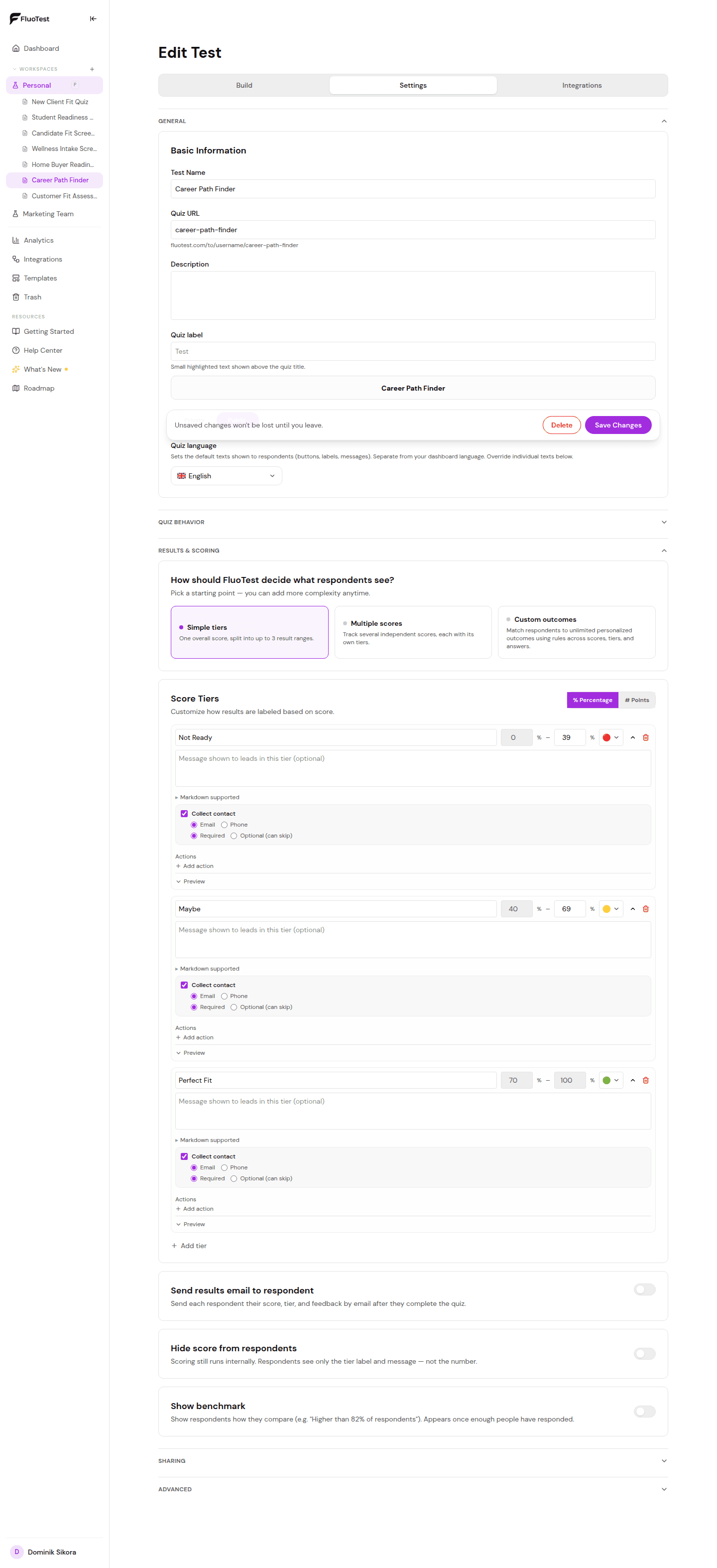 FluoTest outcome message editor for custom result copy