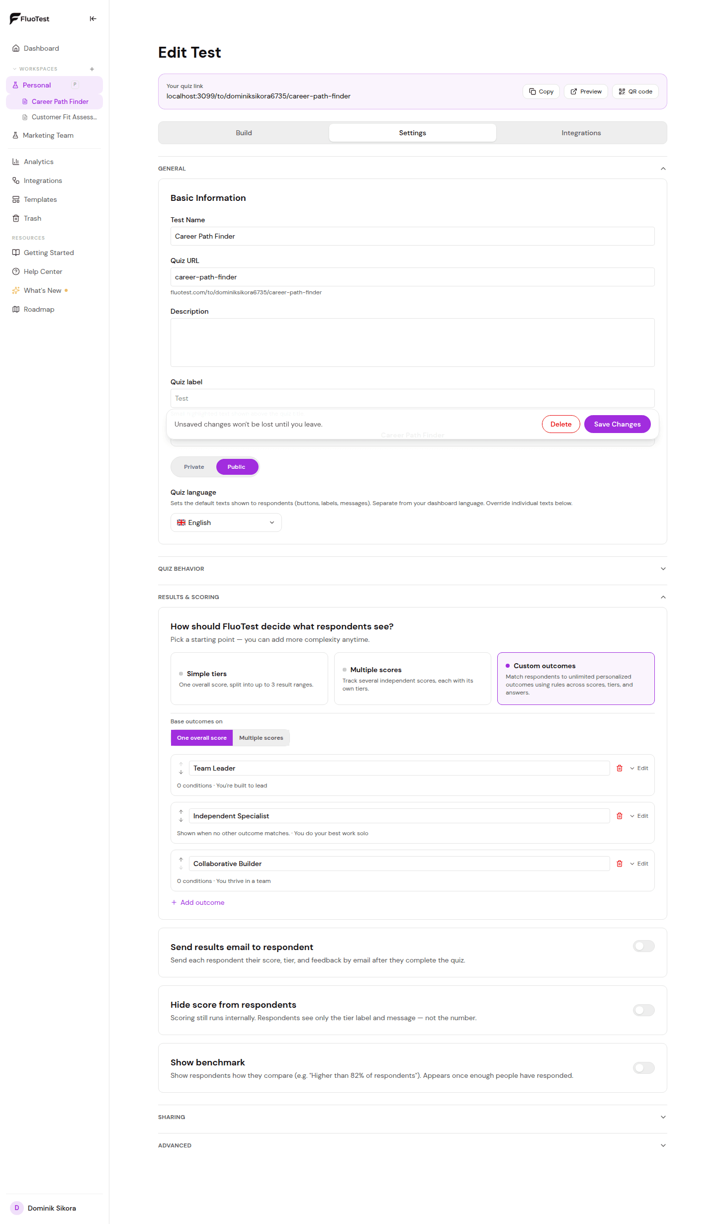 FluoTest outcomes editor for building branching results