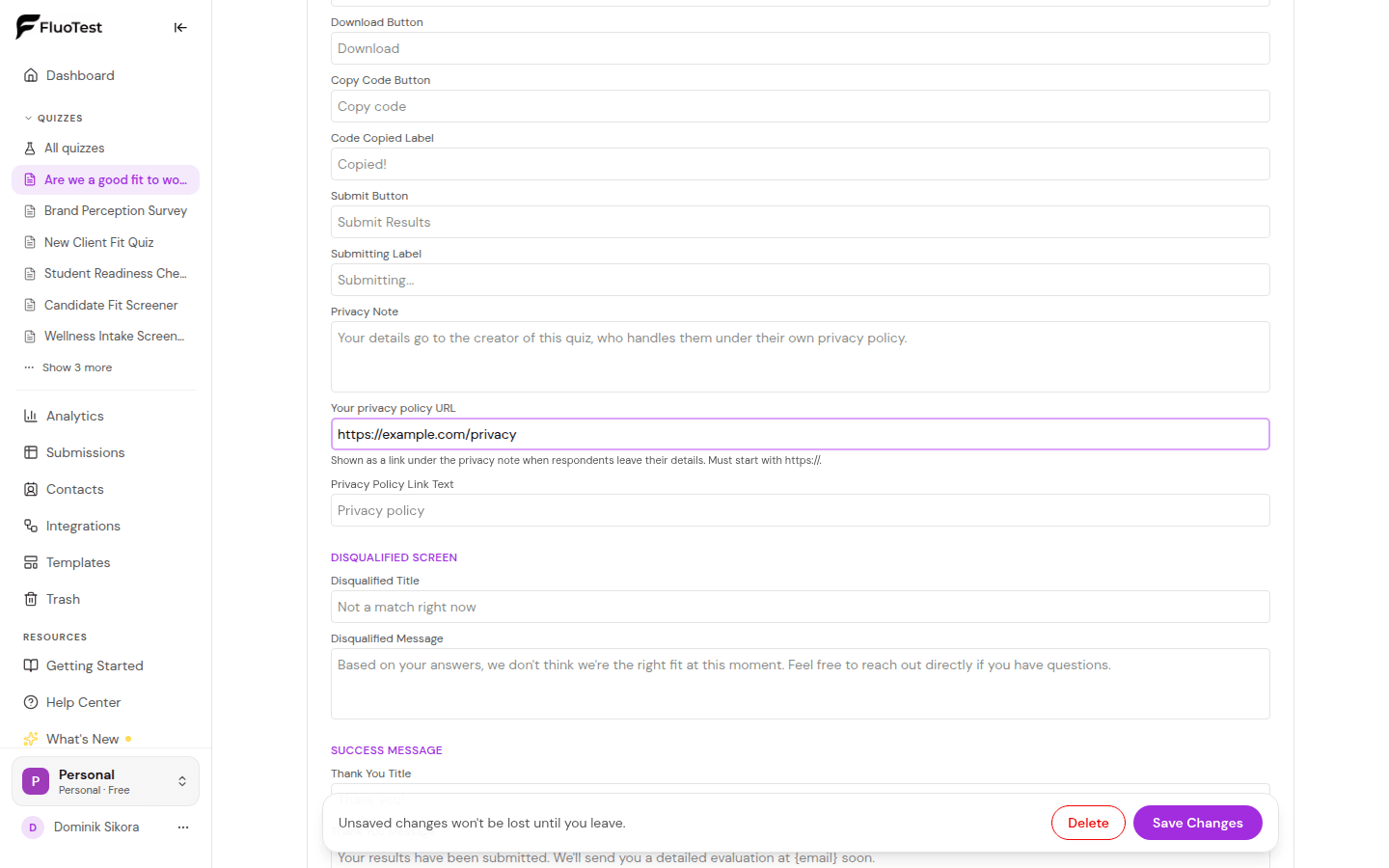 Privacy Note text and the privacy policy URL field in Advanced Texts