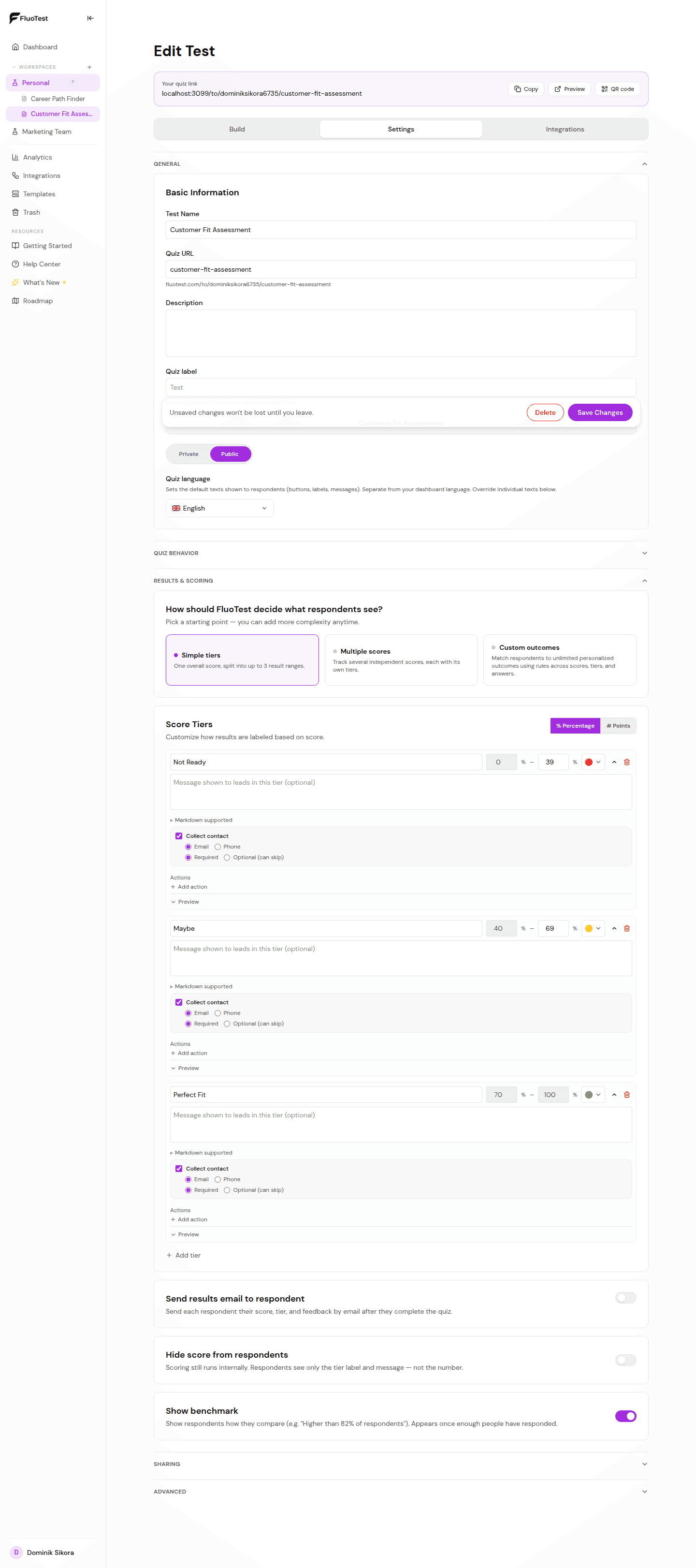 Publishing a quiz live in FluoTest