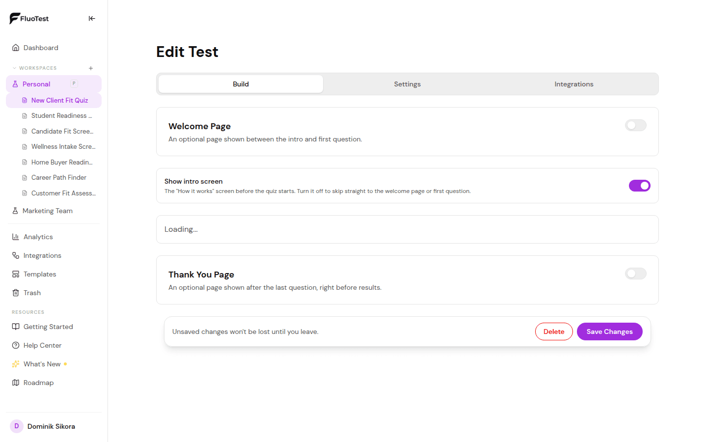 FluoTest question type picker with multiple choice, slider, star rating and more