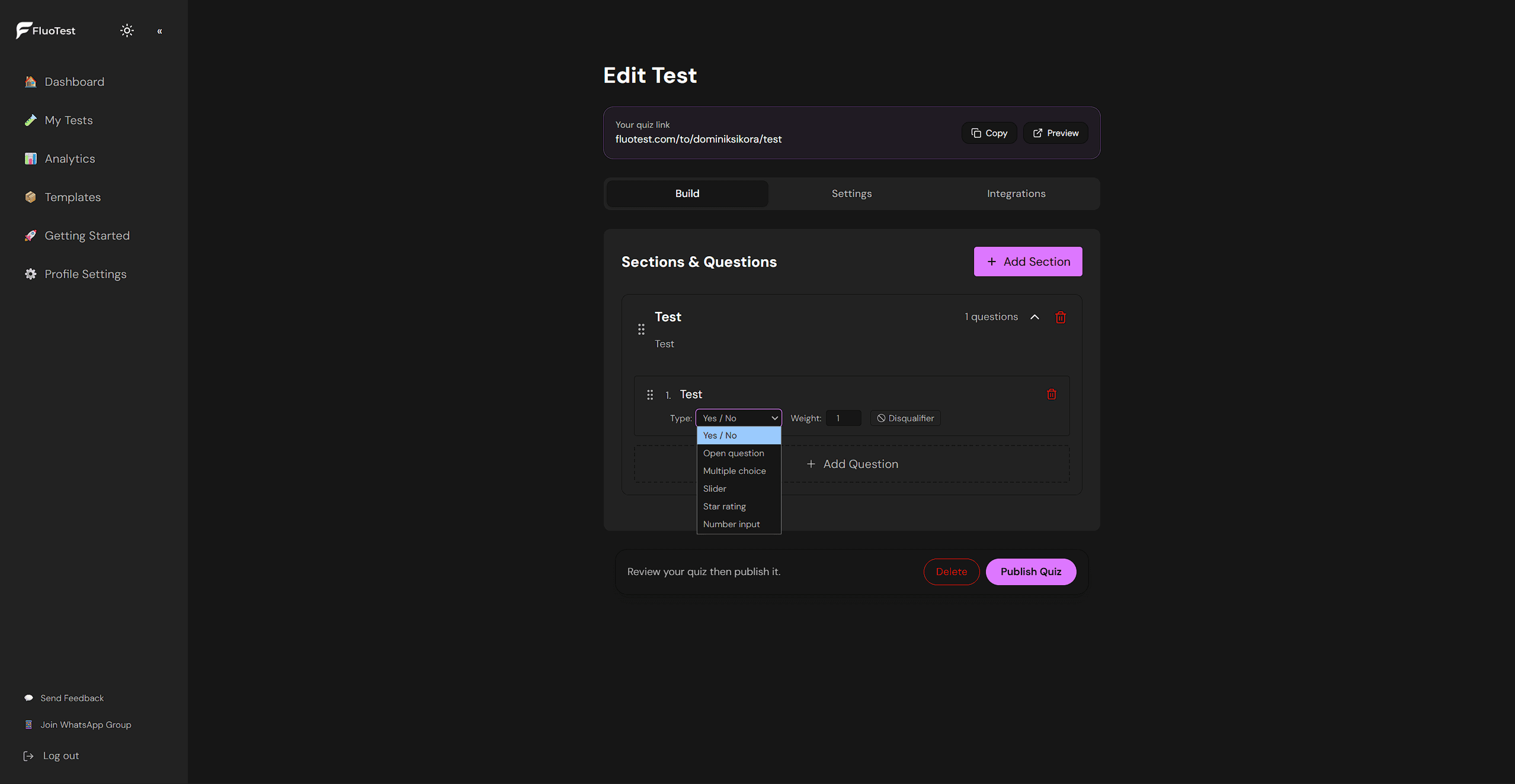 FluoTest question type options