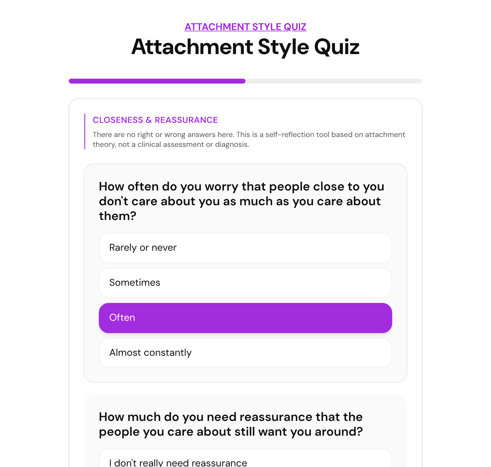 The free attachment style quiz in FluoTest: the Closeness and Reassurance section with four answers per question
