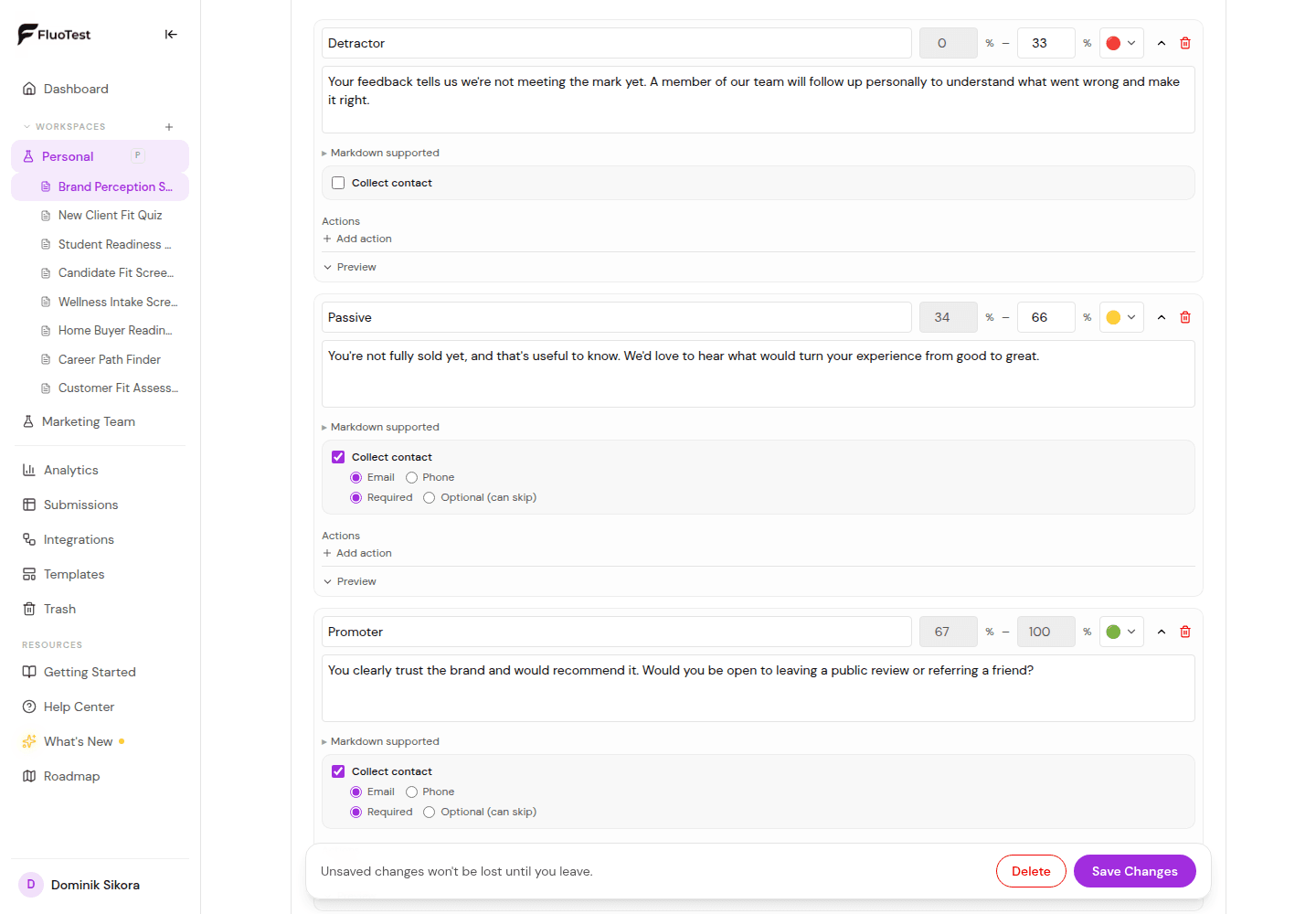 FluoTest score tiers editor configured with Detractor, Passive, and Promoter sentiment tiers and per-tier result messages