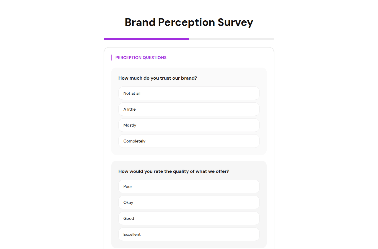 A live brand perception survey built in FluoTest, showing scored multiple-choice questions