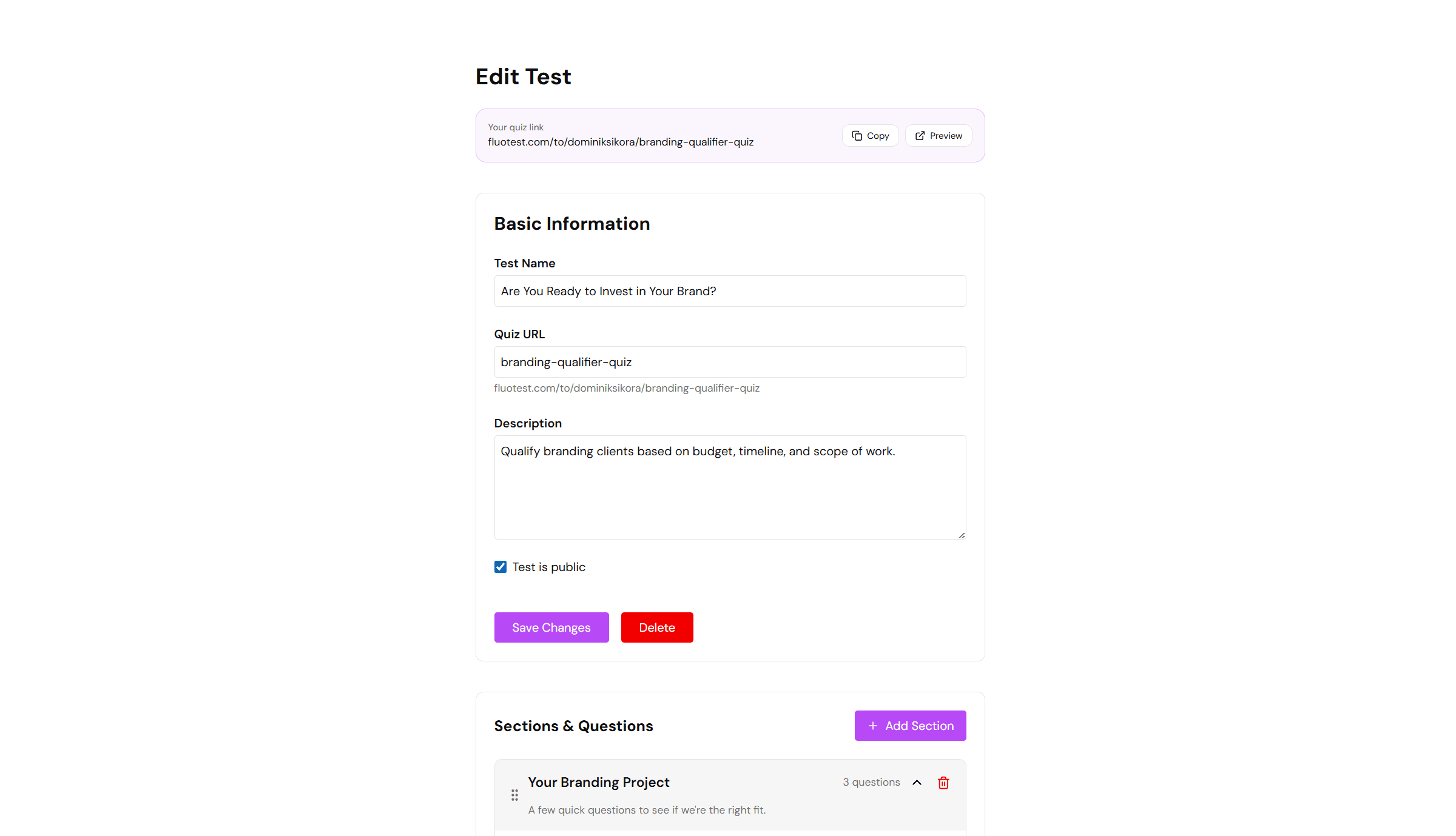 Quiz editor showing the share link banner with Copy and Preview buttons
