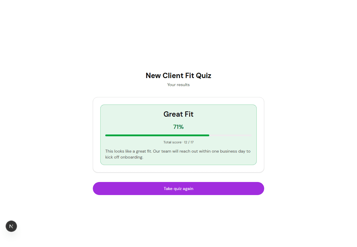 FluoTest scored results page for a new client fit quiz