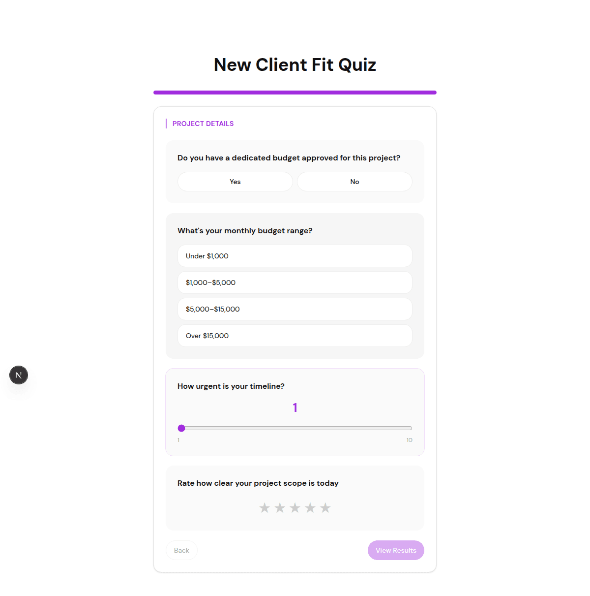 FluoTest live quiz example for screening new client fit