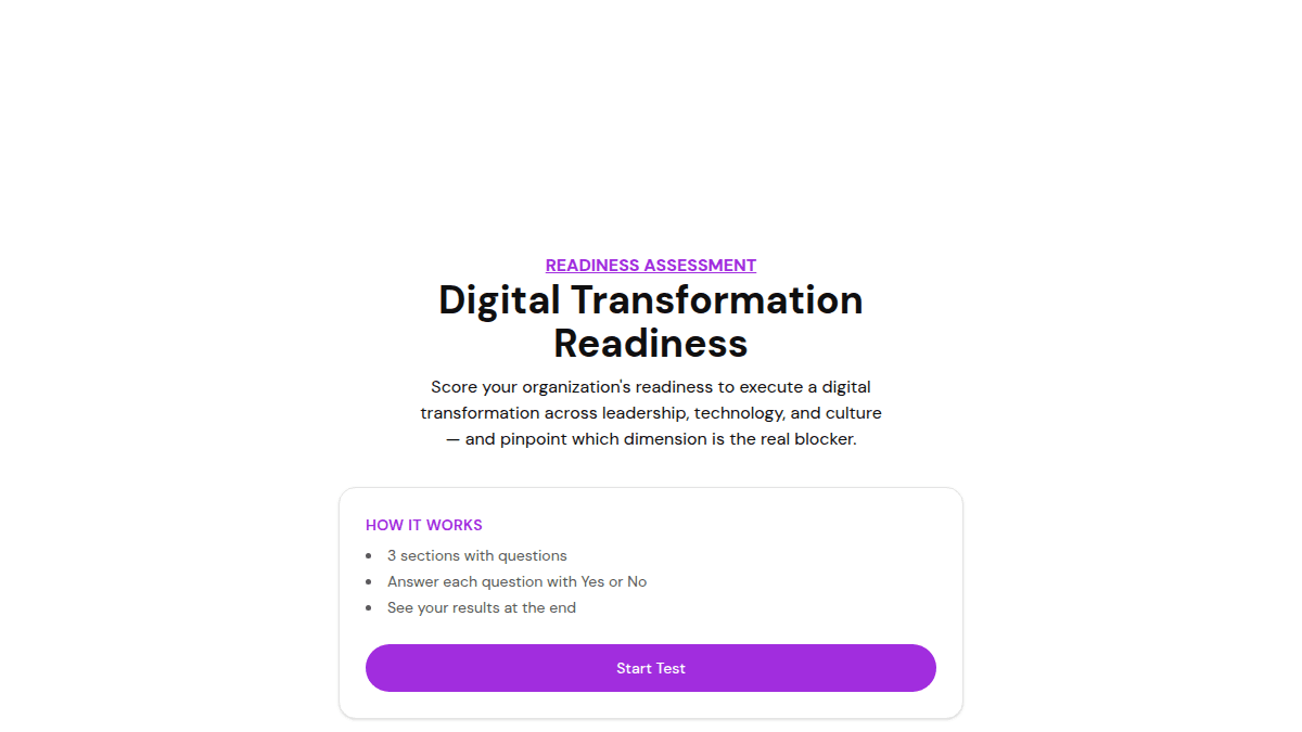 The free Digital Transformation Readiness assessment template in FluoTest, scoring leadership, technology, and culture
