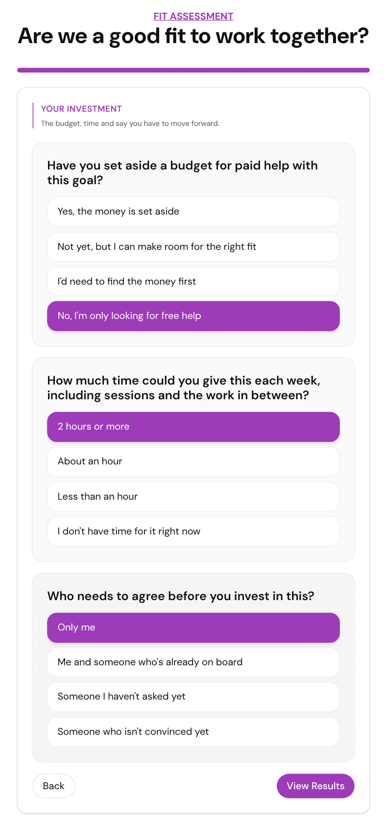 The investment section of the coaching fit template with the budget question answered "No, I'm only looking for free help"