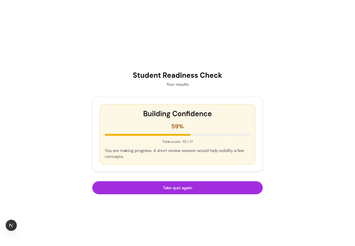FluoTest scored results page for a student readiness quiz
