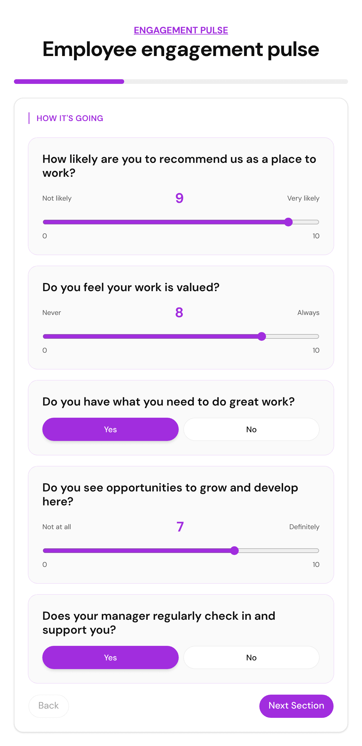 Employee engagement pulse template in FluoTest: the 0-10 question "How likely are you to recommend us as a place to work?" answered with 9