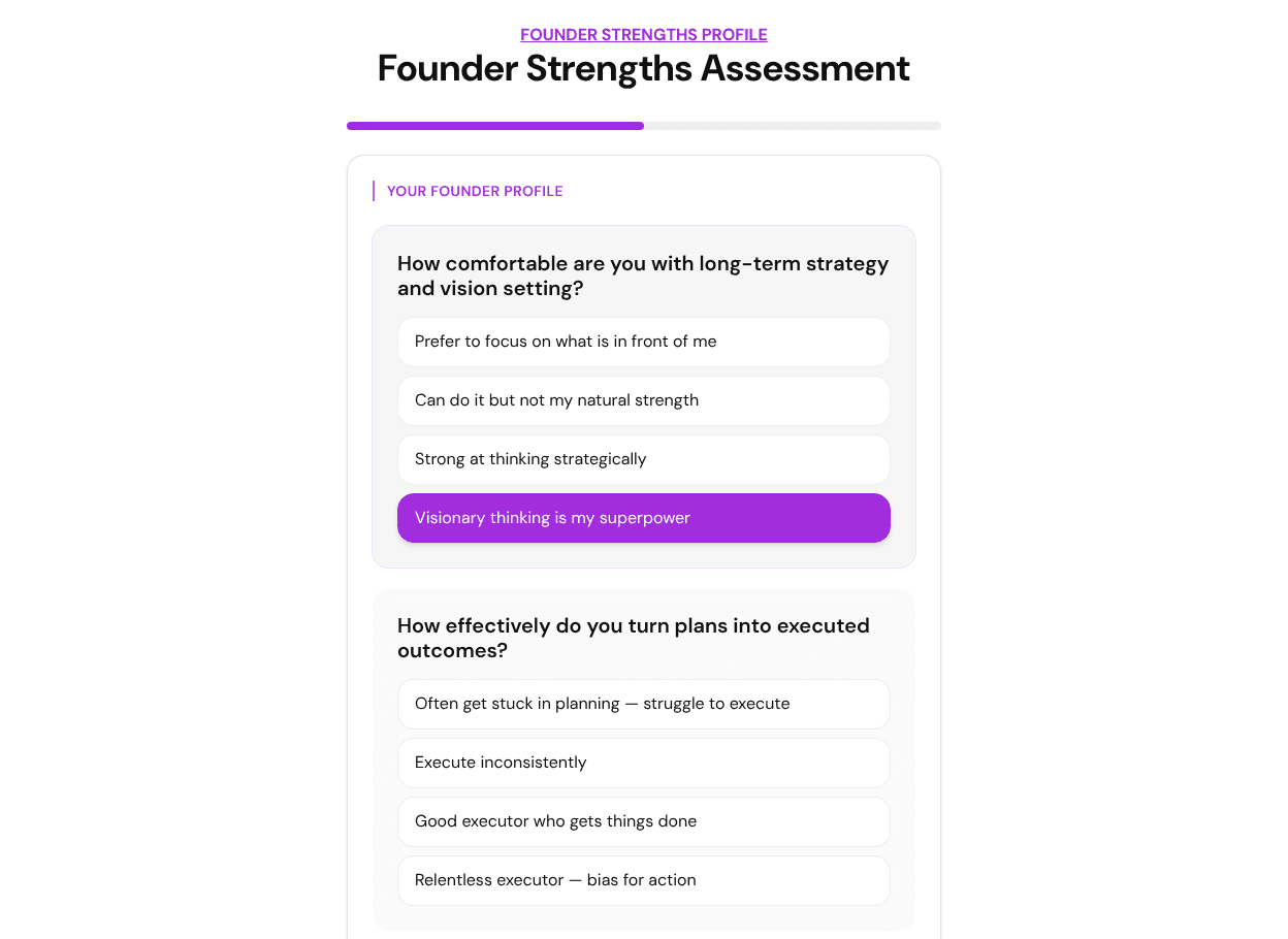 A multiple choice question from the FluoTest Founder Strengths Assessment template with the answer Visionary thinking is my superpower selected