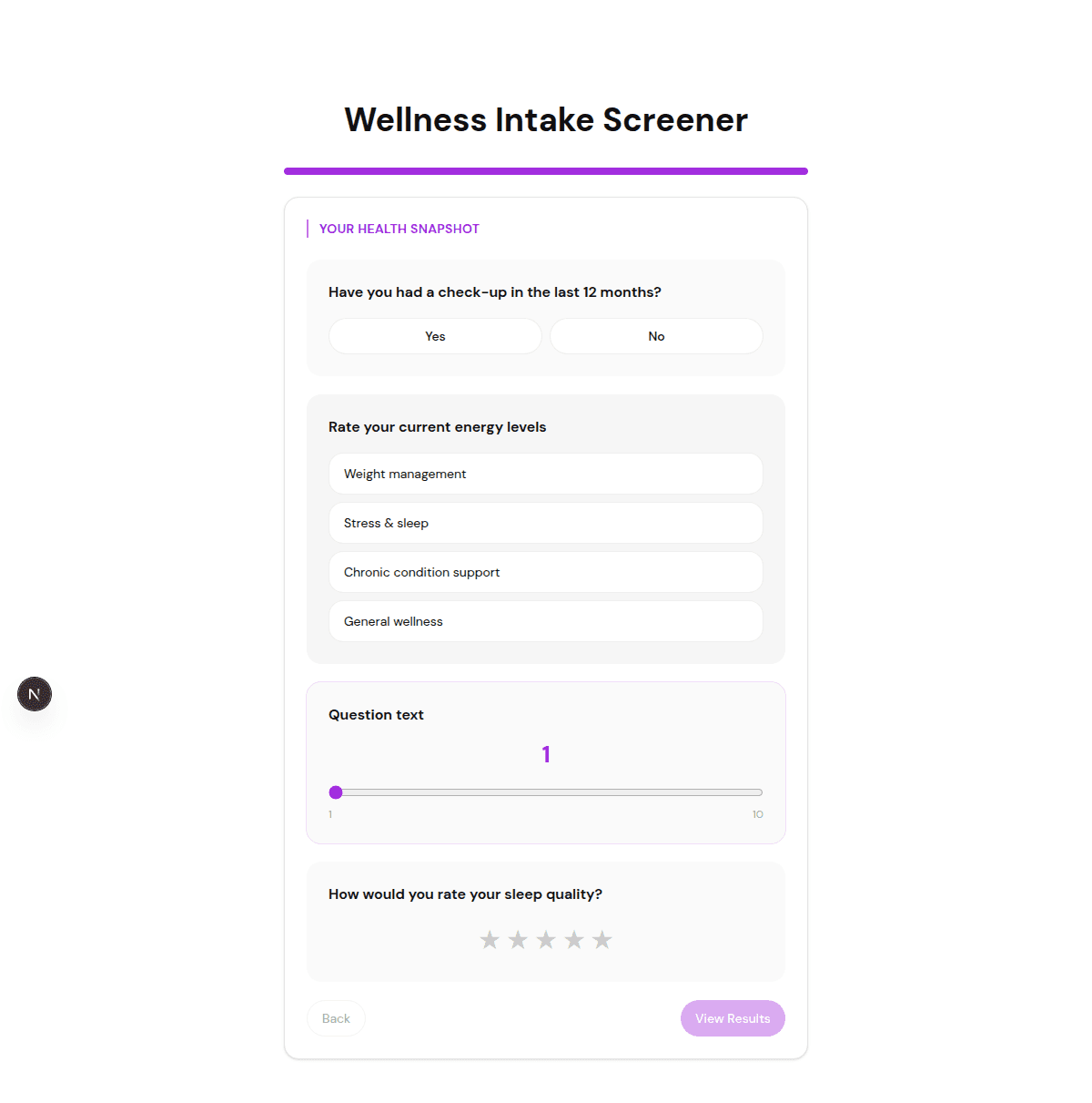 FluoTest live quiz example for a wellness intake screener