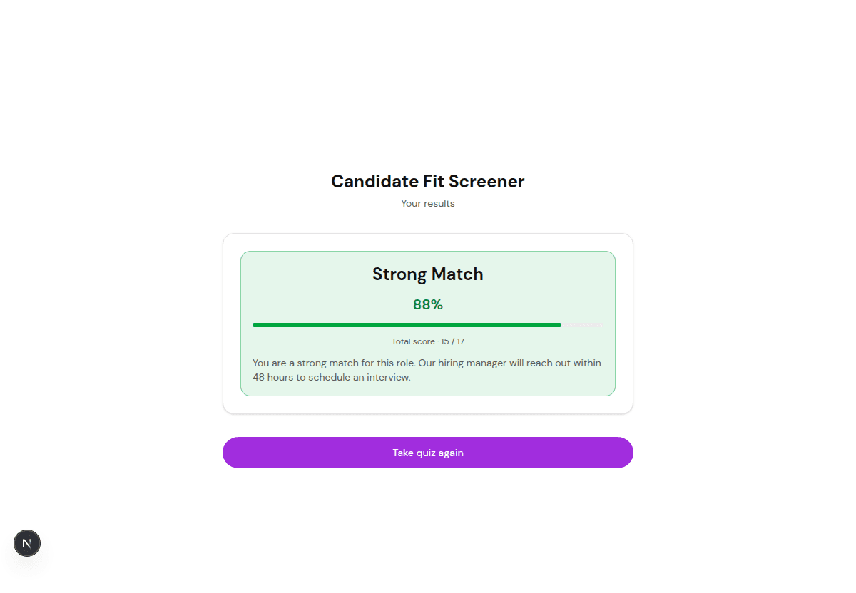 FluoTest scored results page for a candidate fit screener