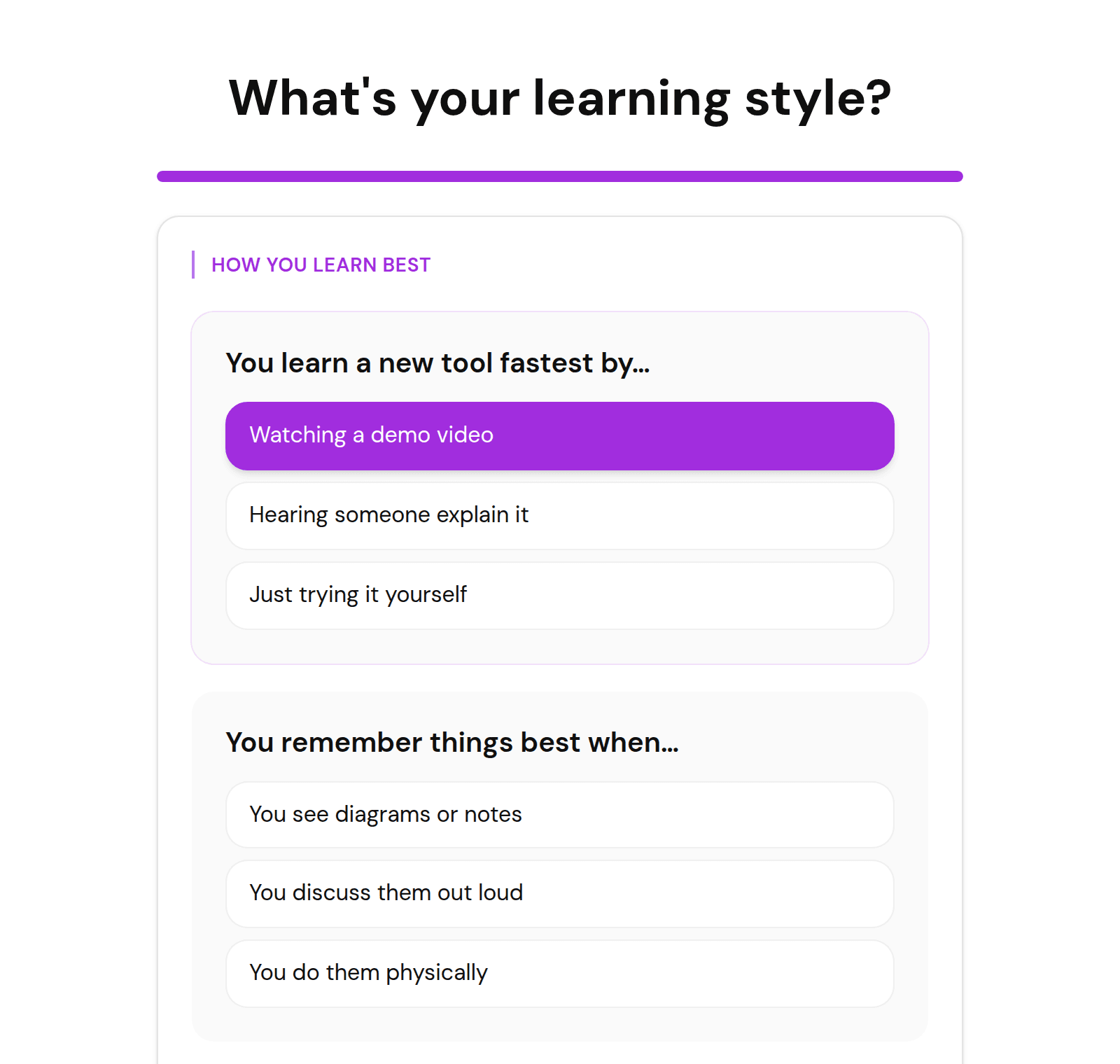 The free learning style quiz in FluoTest: scenario questions with one answer per learning mode