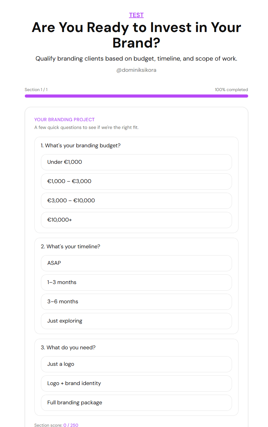 FluoTest lead qualification quiz example