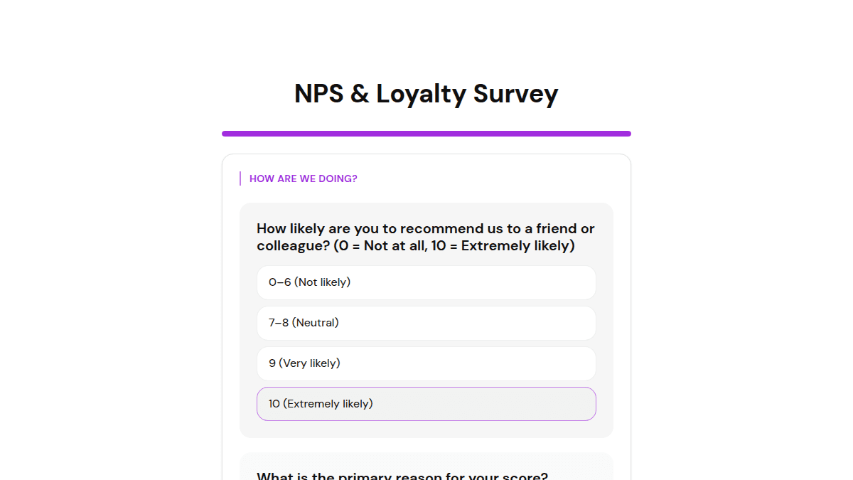 The weighted 0-10 recommend question from the NPS & Loyalty Survey template, scoring each answer toward the Detractor, Passive, or Promoter tier