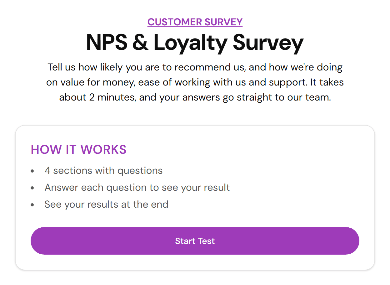 Úvodní obrazovka bezplatné šablony NPS & Loyalty Survey ve FluoTestu, která se ptá na doporučení, poměr ceny a hodnoty, snadnost spolupráce a podporu