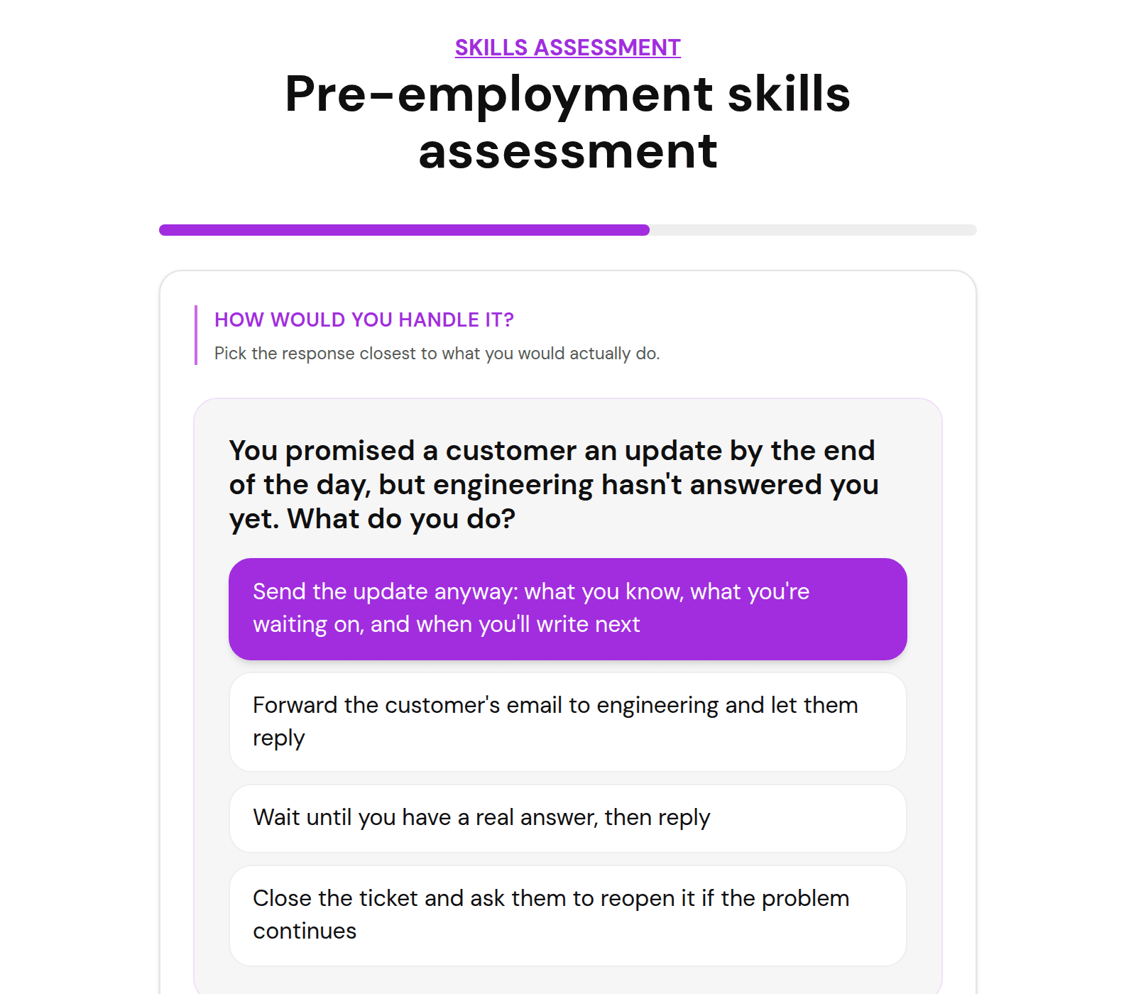Een situationele vraag in de pre-employment vaardigheidstest template van FluoTest