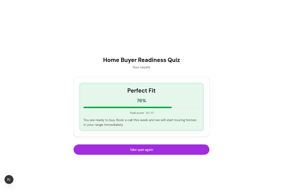 FluoTest scored results page for a home buyer readiness quiz