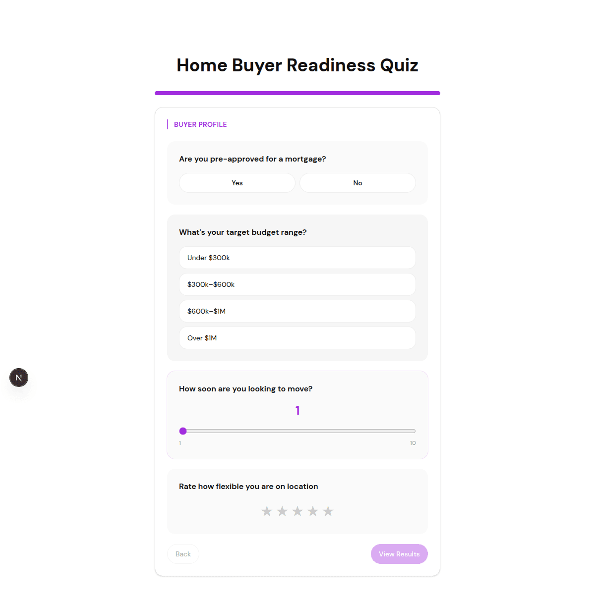 FluoTest live quiz example for a home buyer readiness quiz