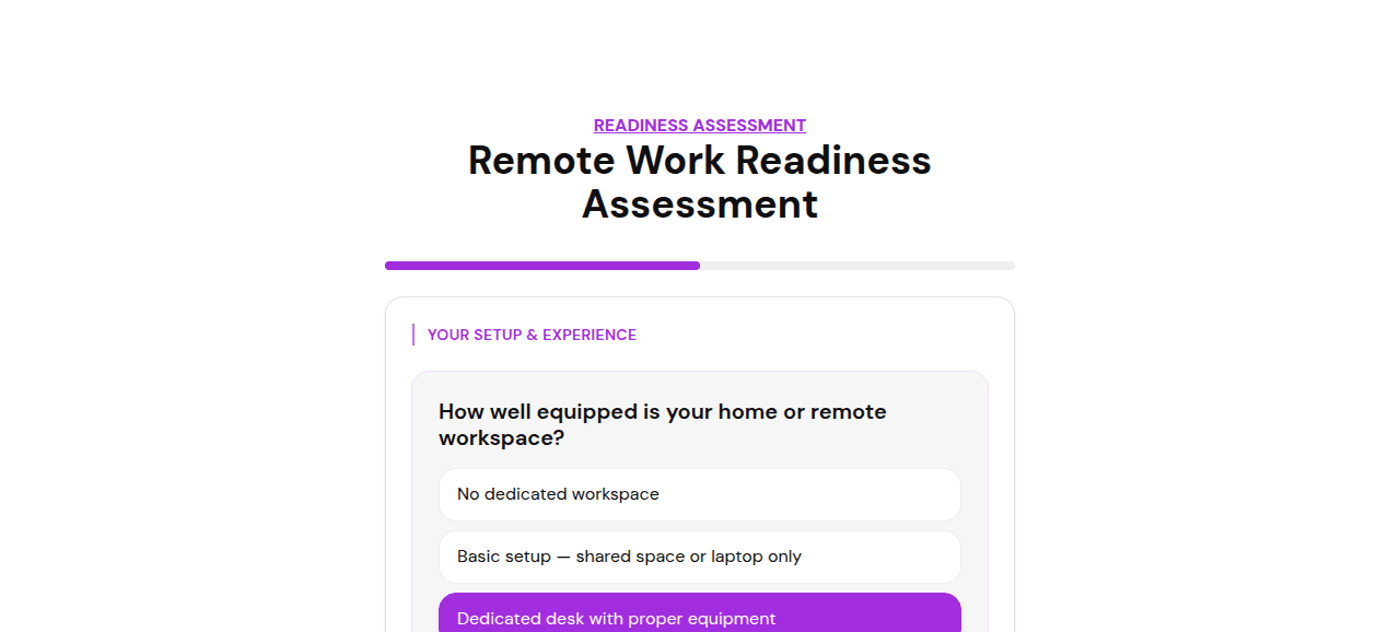 A weighted multiple-choice question from the Remote Work Readiness assessment, scoring home workspace setup