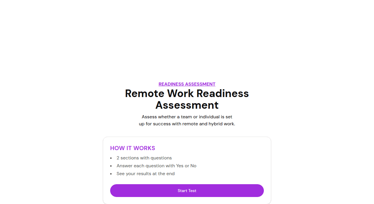 The free Remote Work Readiness assessment template in FluoTest, scoring workspace setup, connectivity, and support systems