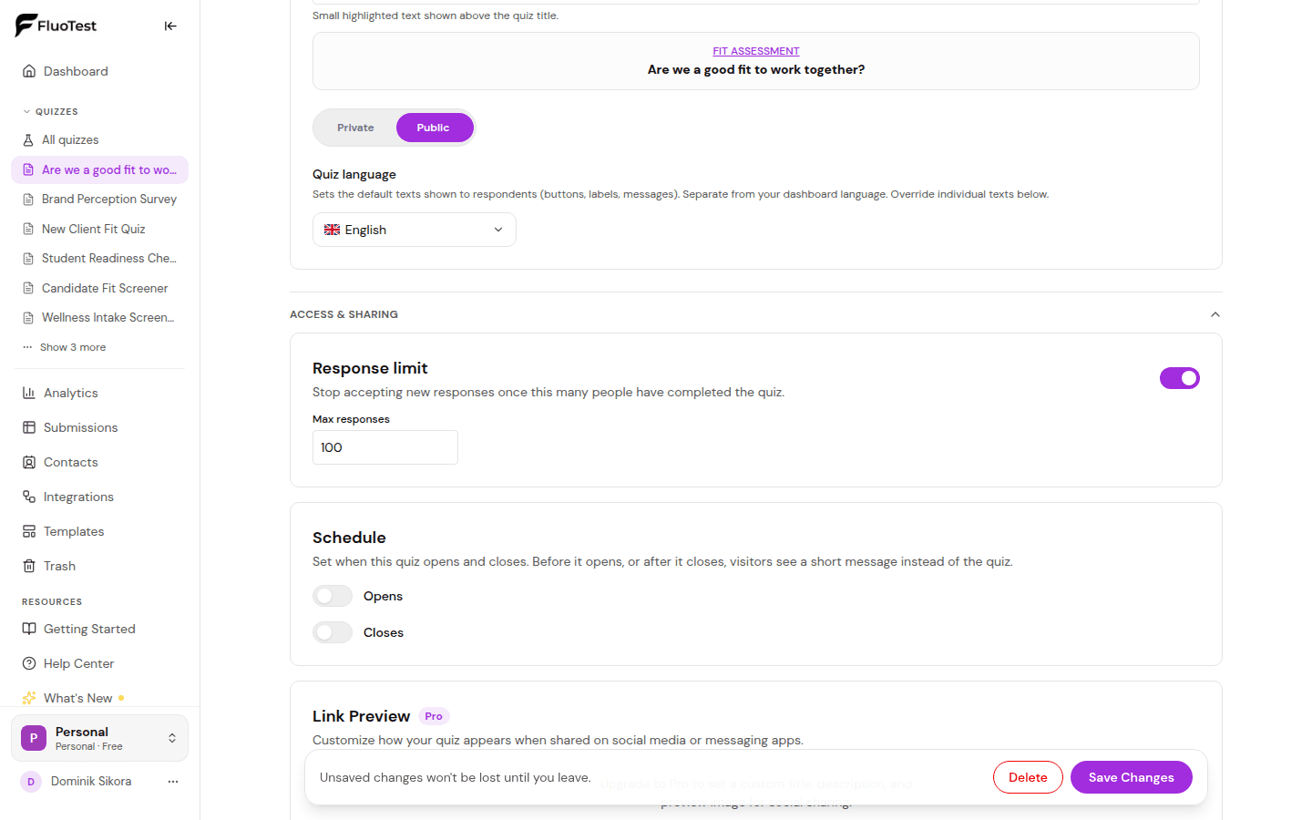 Response limit switched on in the Access and sharing section, with the maximum number of responses
