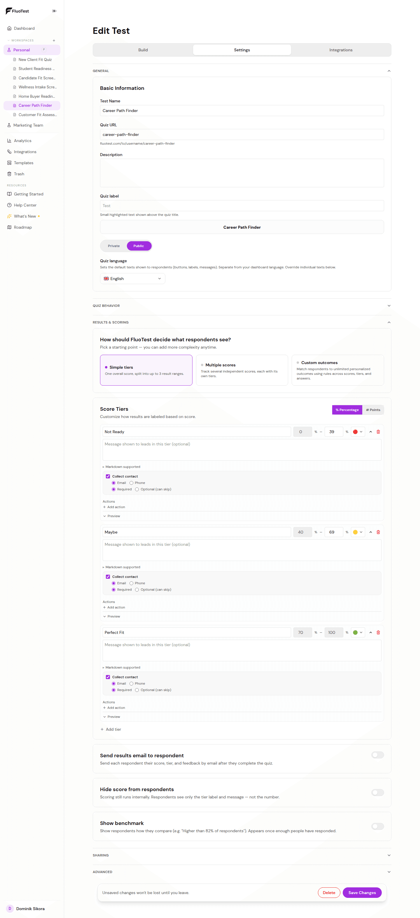 FluoTest results and actions panel for attaching a conversion action and contact capture to each score tier