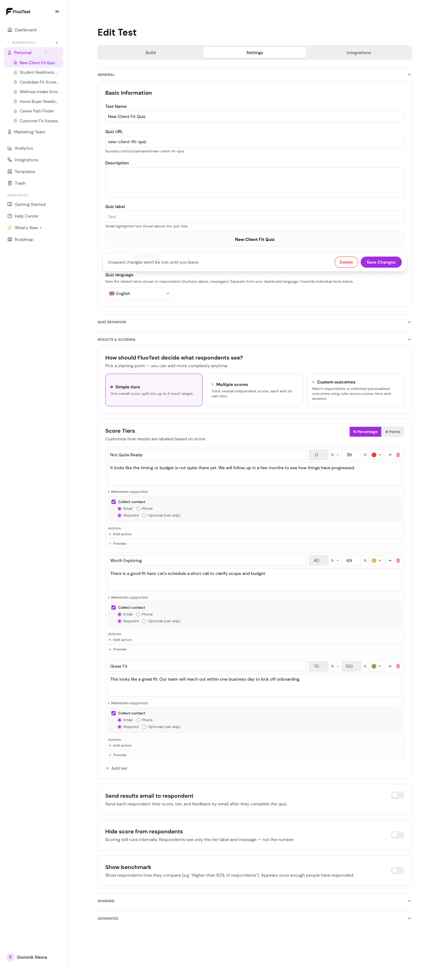 FluoTest score tier editor for defining at-risk, stable, and expansion-ready bands