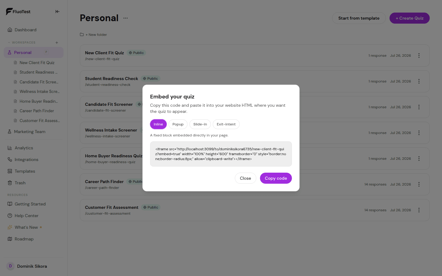 FluoTest share and embed panel for adding a quiz to a website