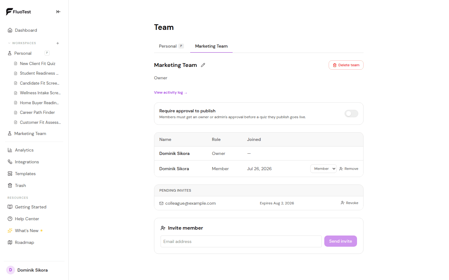 Team workspace tab with member list, pending invites, and invite form